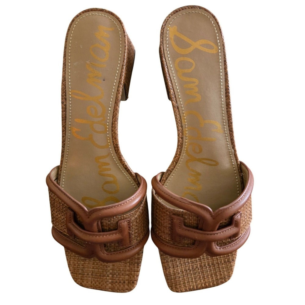Sam Edelman Briar Mules Size 7.5 Brown New Woven Raffia Block Heel Sandals - Picture 3 of 7
